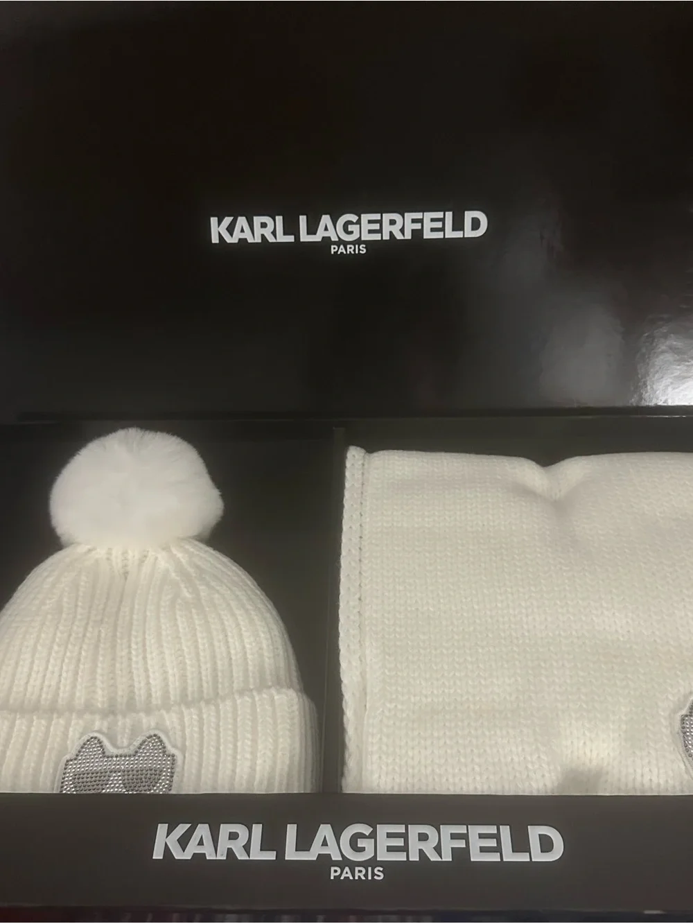 Karl Lagerfeld Cream Knit Pom Hat and Scarf Set